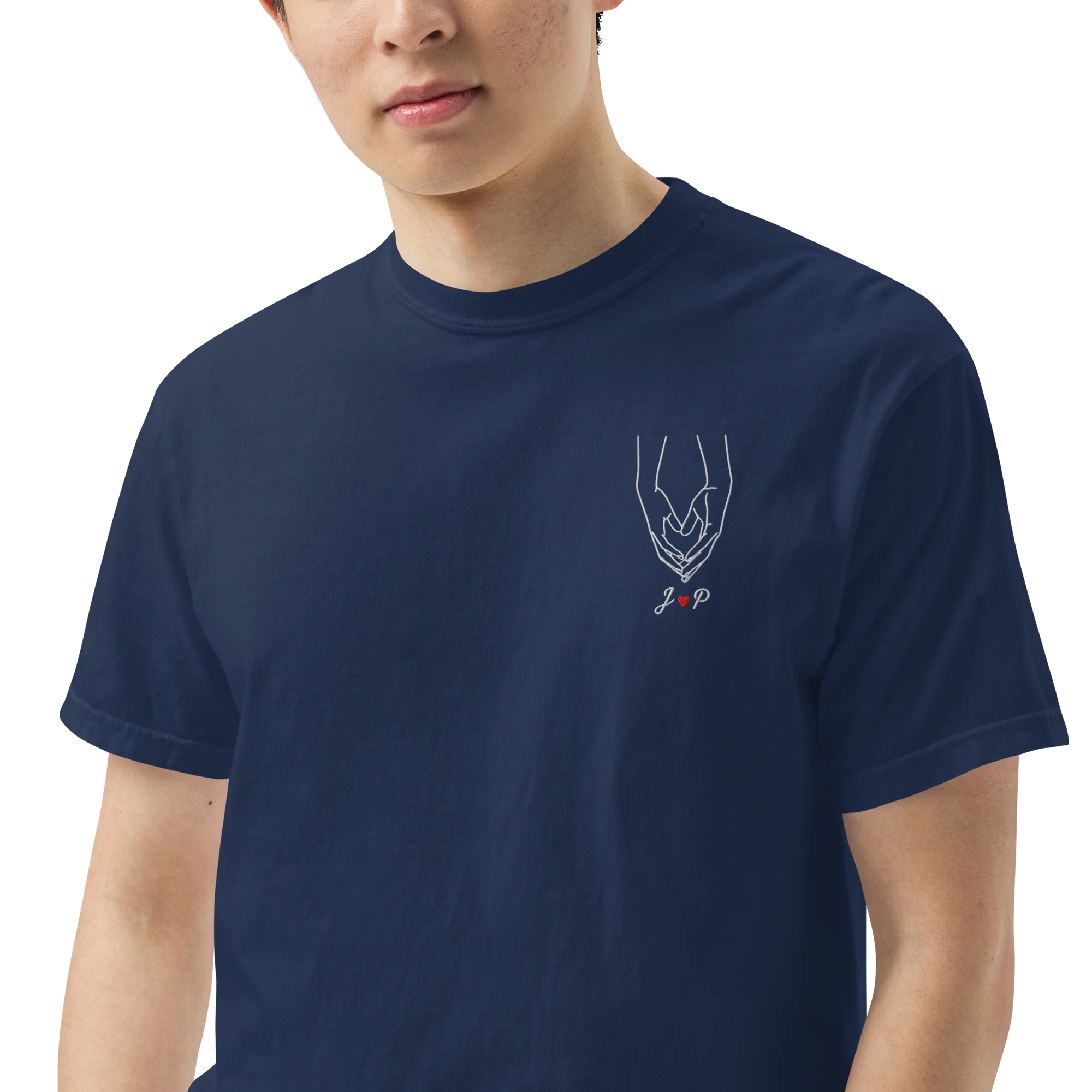 CUSTOM Couple Initials Embroidered Classic T-Shirt - Heart Hands - Image 5