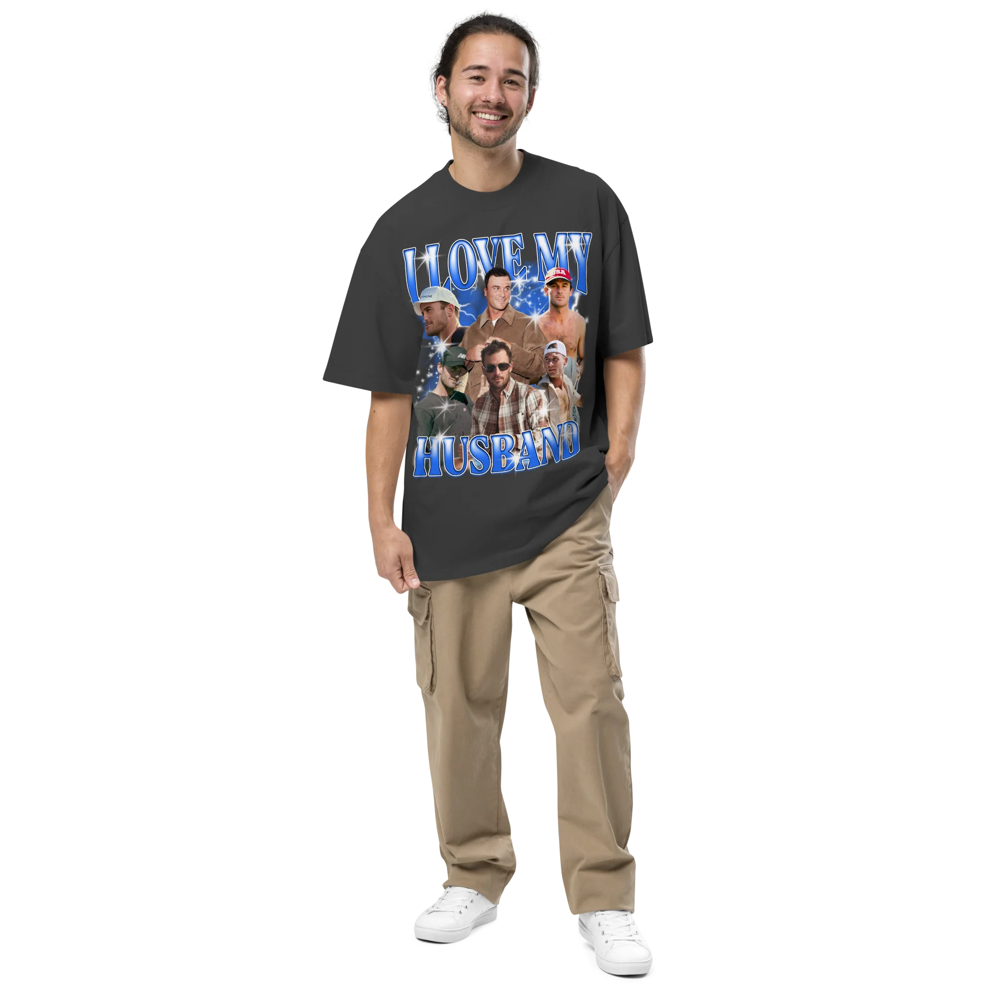 CUSTOM I Love My Husband Photo Bootleg Oversized Faded T-Shirt - Image 6