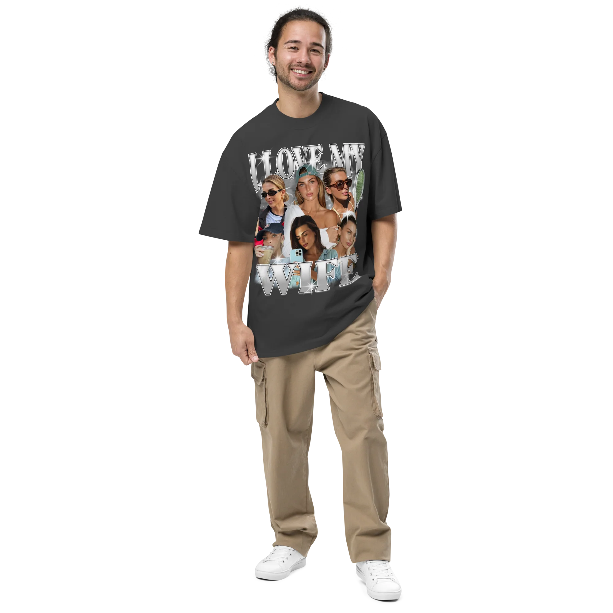 CUSTOM I Love My Wife Photo Bootleg Oversized Faded T-Shirt - Image 2