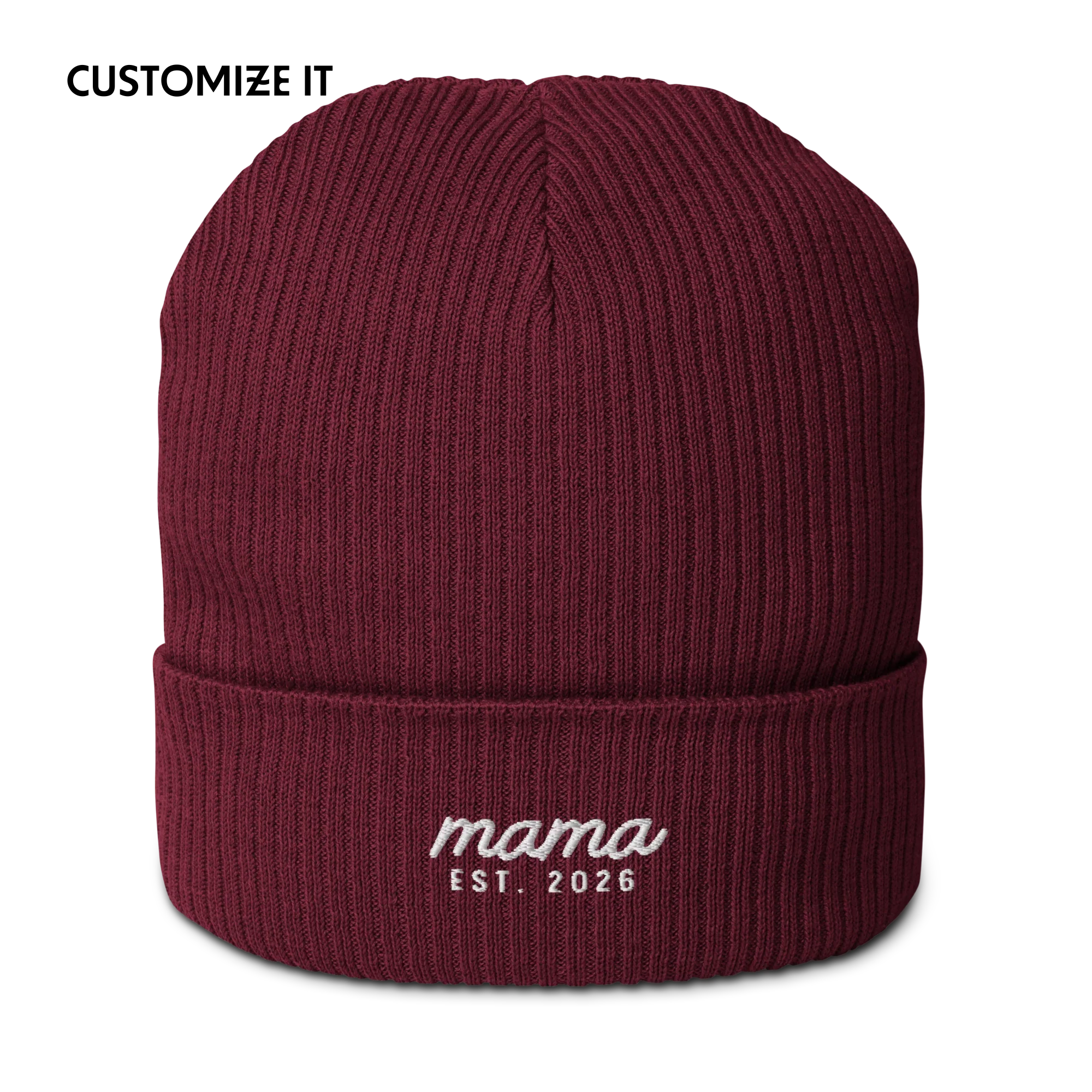 CUSTOM Mama Year Embroidered Organic Ribbed Beanie