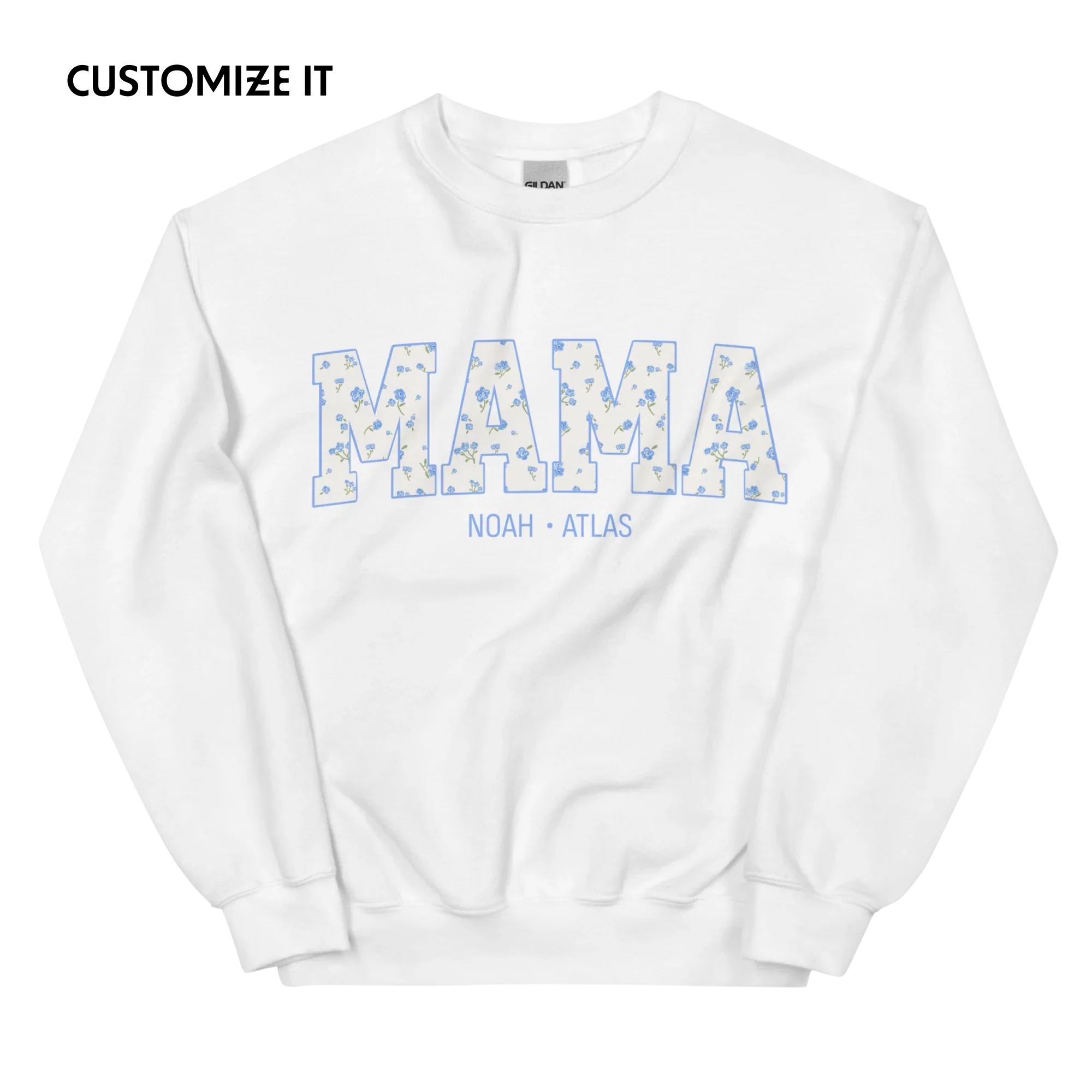CUSTOM NAMES Mama Blue Floral Varsity Sweatshirt