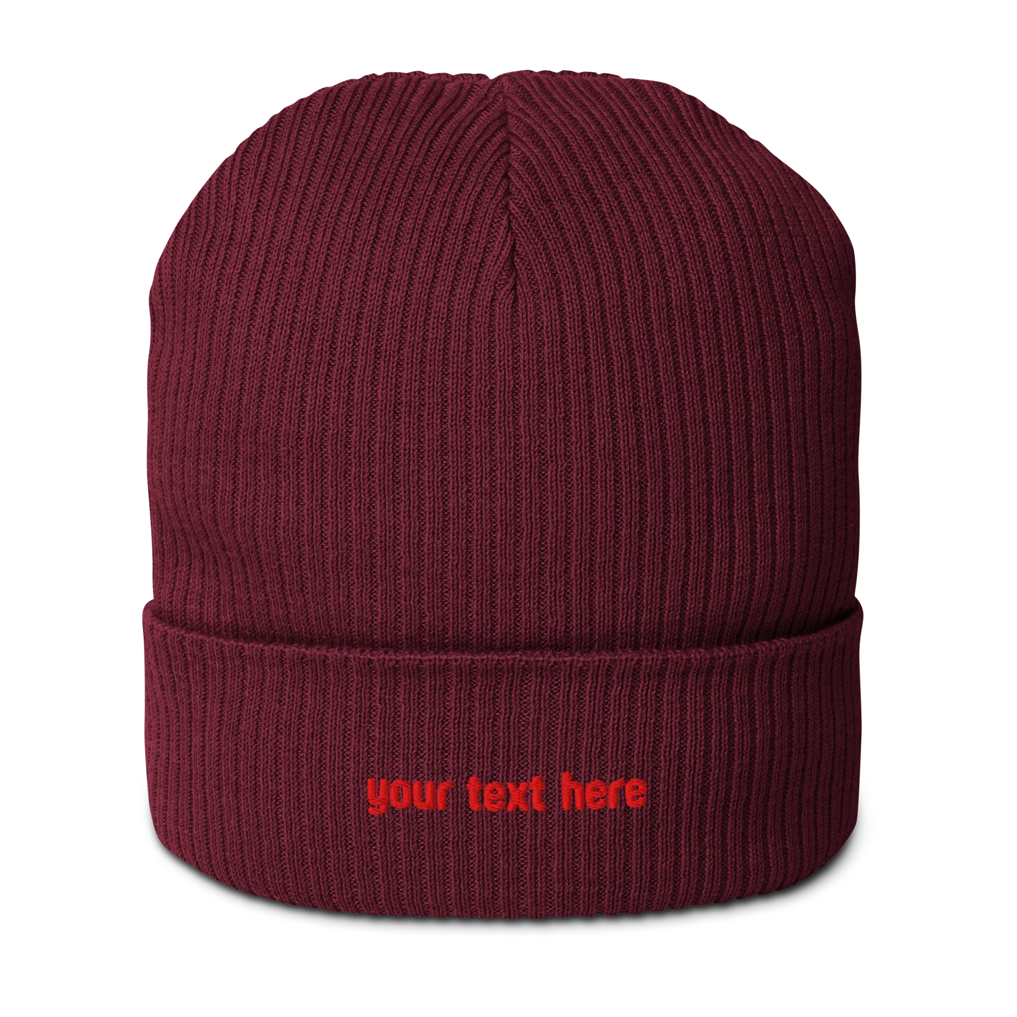 CUSTOM Text Red Embroidered Organic Ribbed Beanie - Image 3