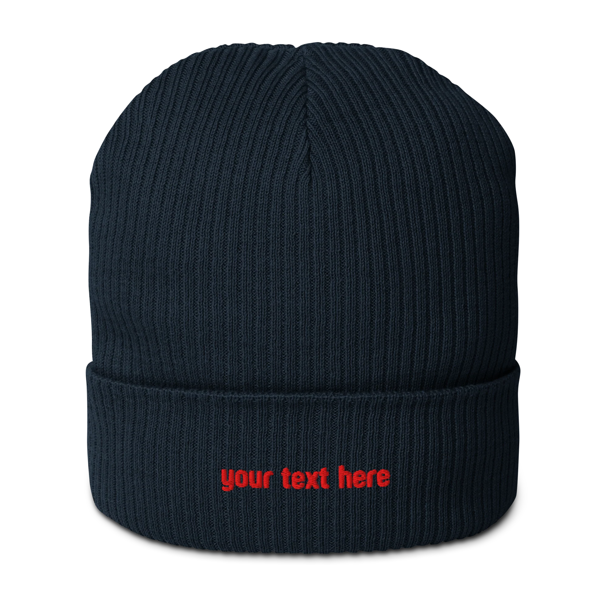 CUSTOM Text Red Embroidered Organic Ribbed Beanie - Image 4