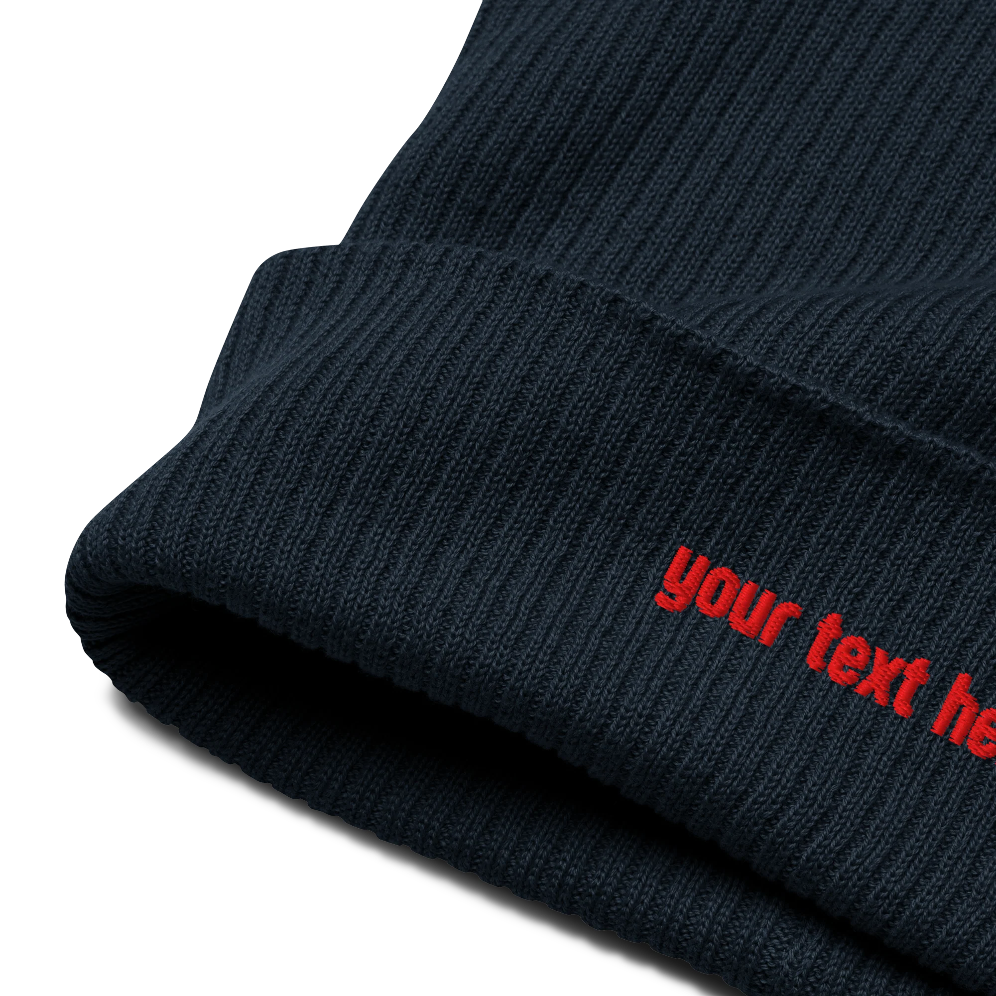 CUSTOM Text Red Embroidered Organic Ribbed Beanie - Image 5