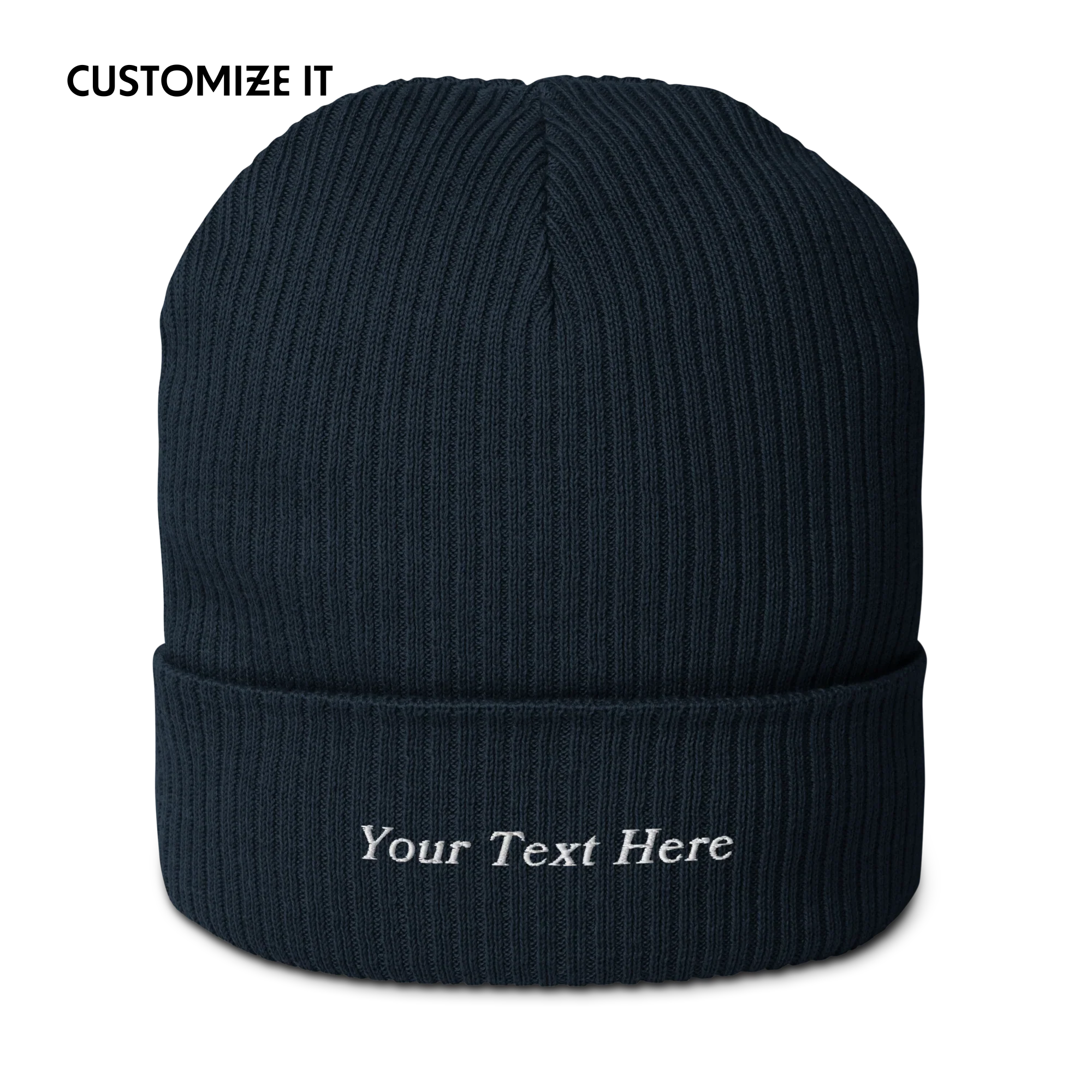 CUSTOM Text Serifed Embroidered Organic Ribbed Beanie