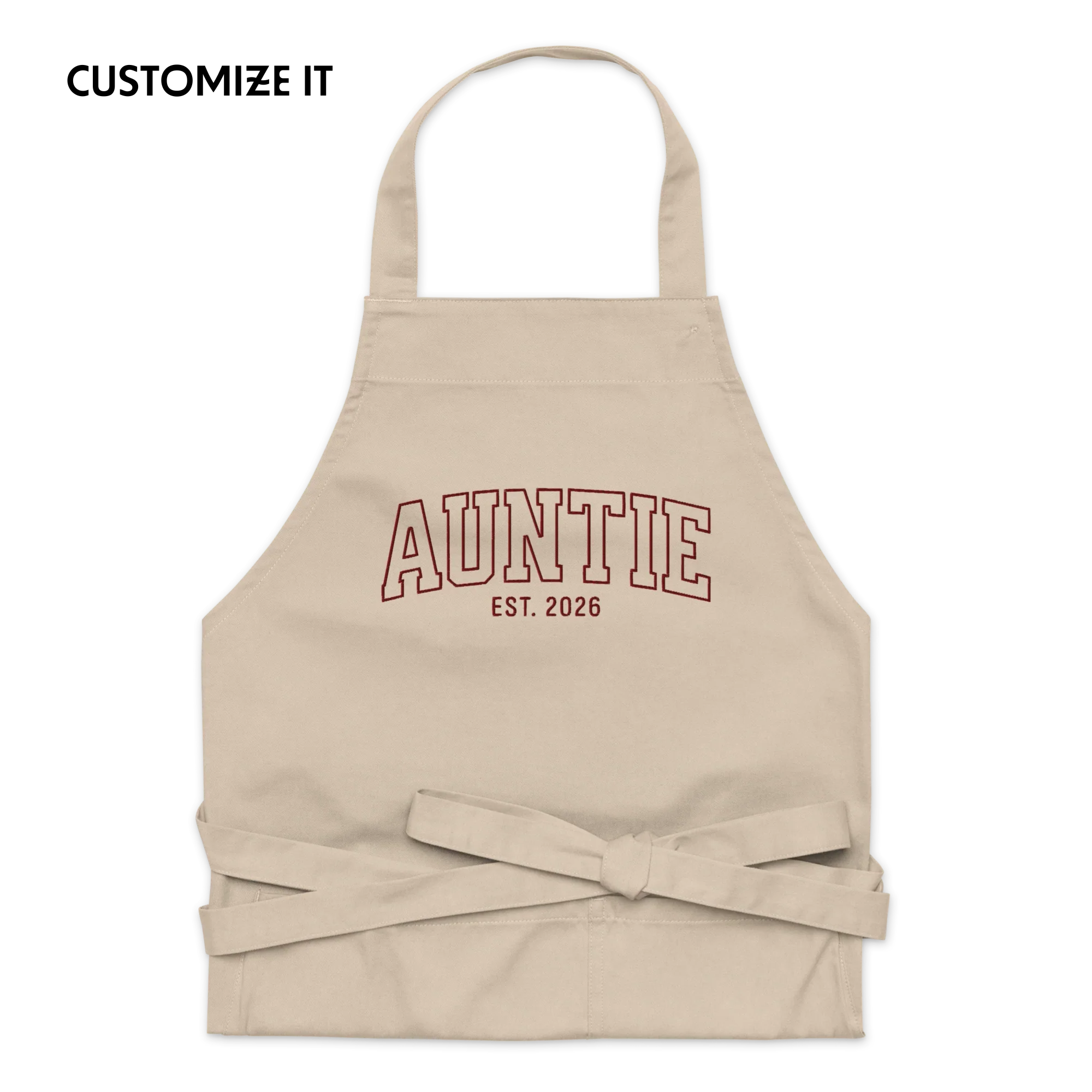 CUSTOM YEAR Auntie Aunt Embroidered Organic Cotton Apron