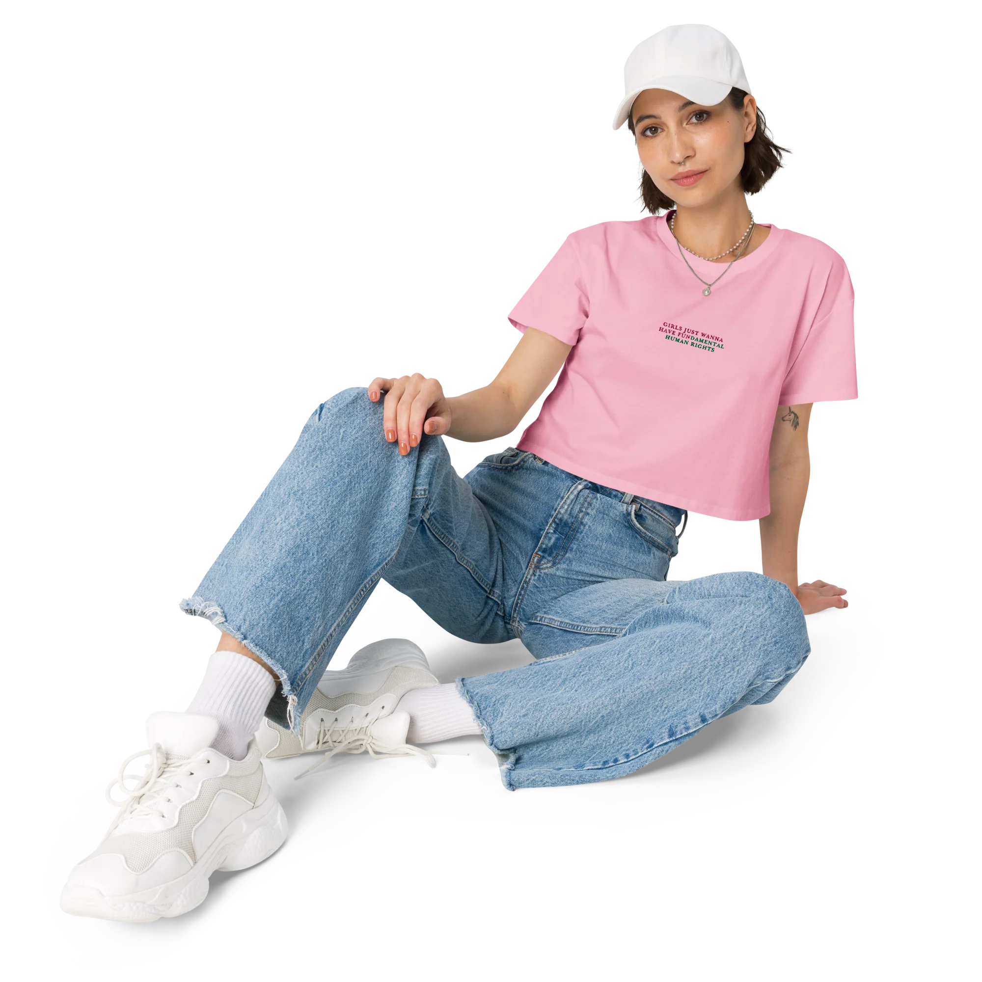 Girls Just Wanna Have Fundamental Human Rights Embroidered Crop Tee - Image 5