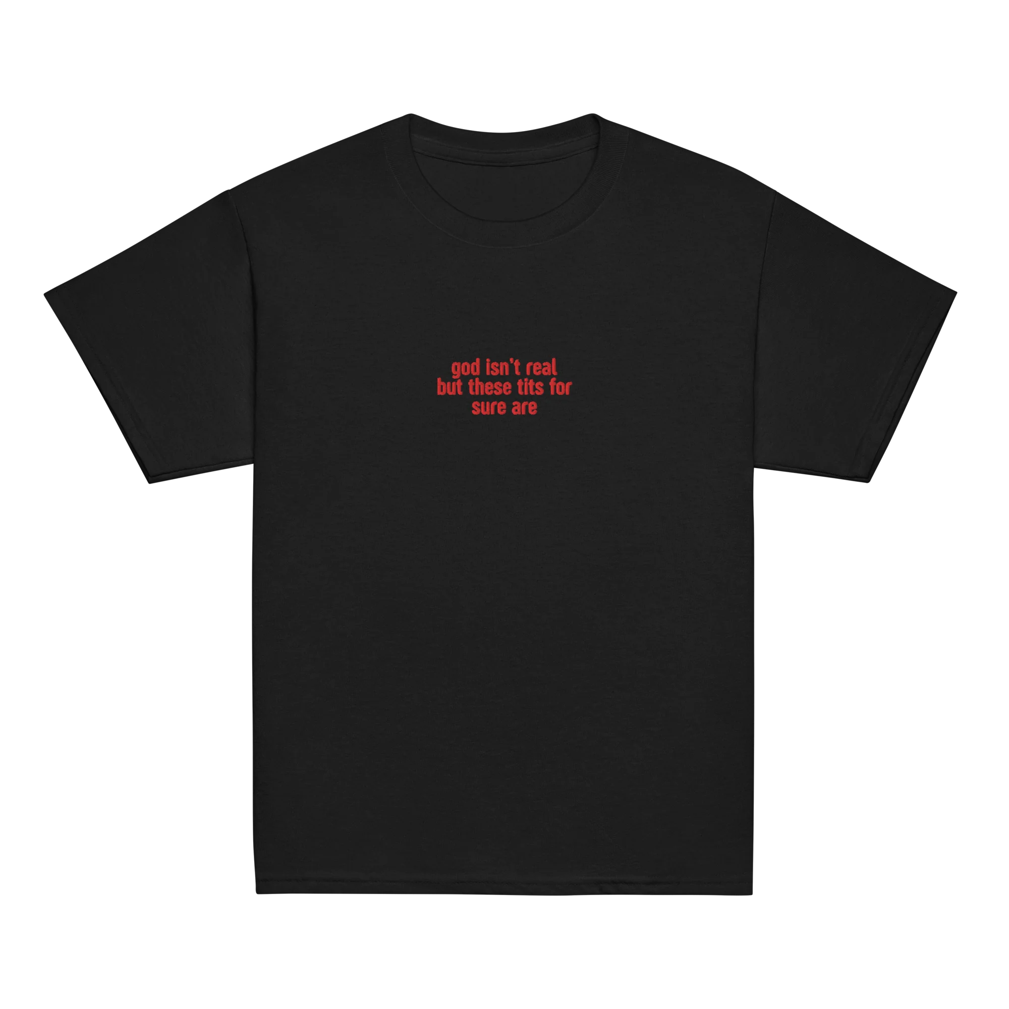 God Isn't Real but These Tits Are Embroidered Baby Tee
