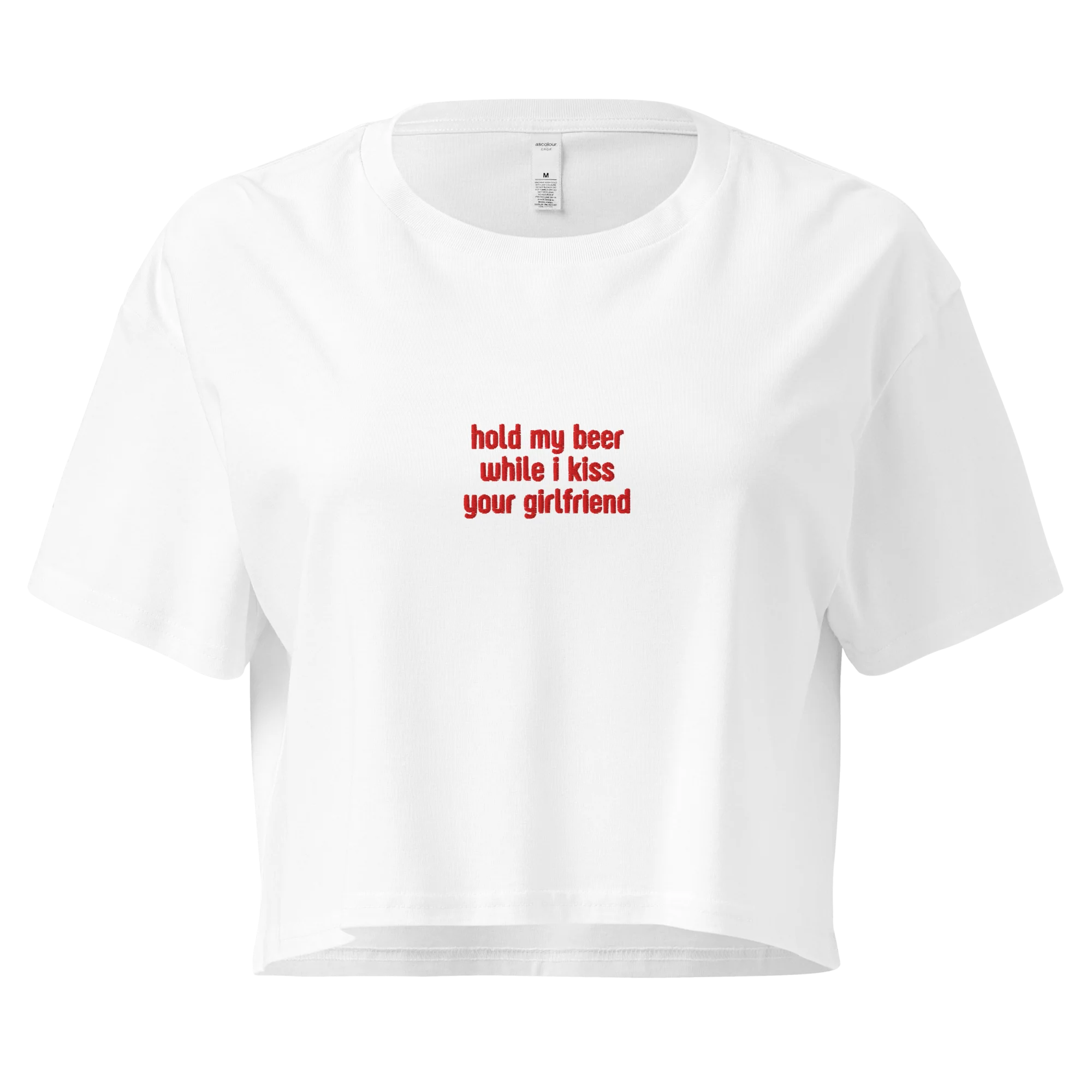 Hold My Beer While Kiss Your Girlfriend Embroidered Crop Tee