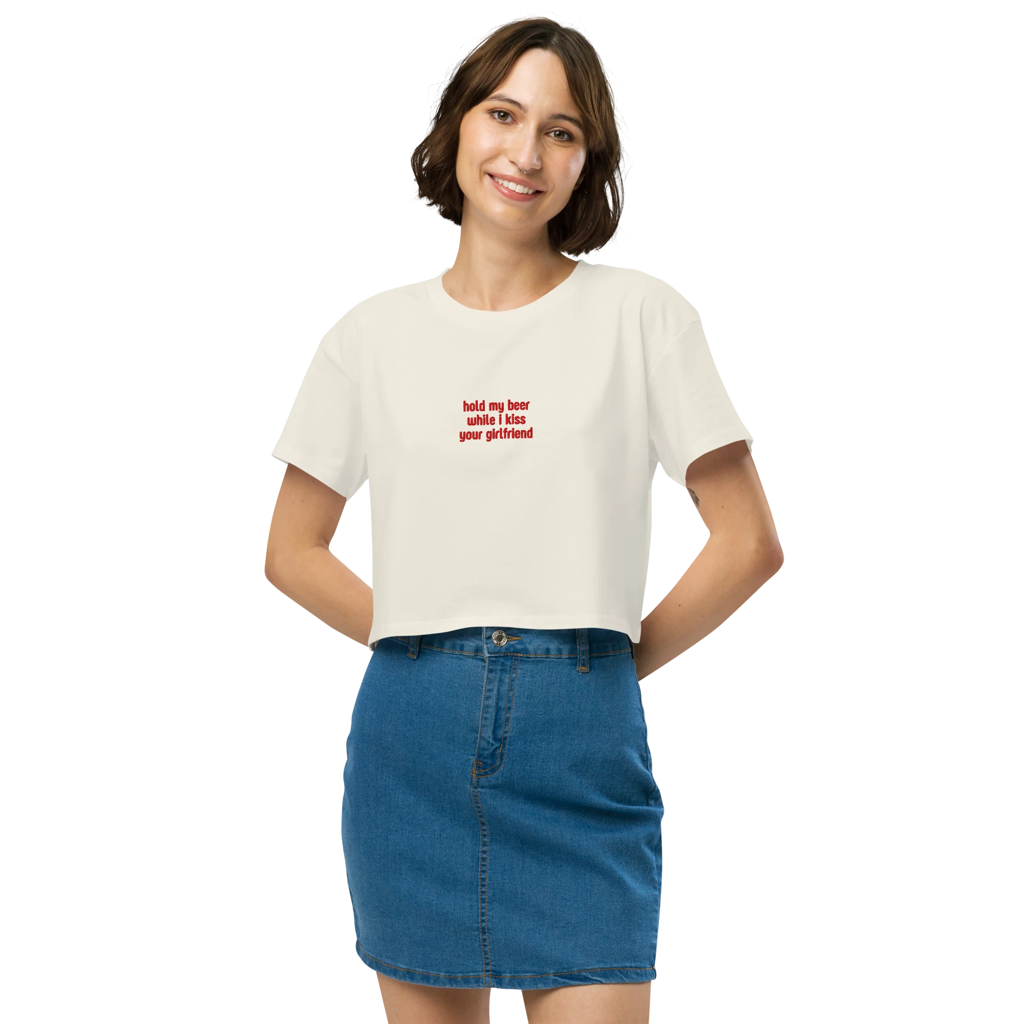 Hold My Beer While Kiss Your Girlfriend Embroidered Crop Tee - Image 6