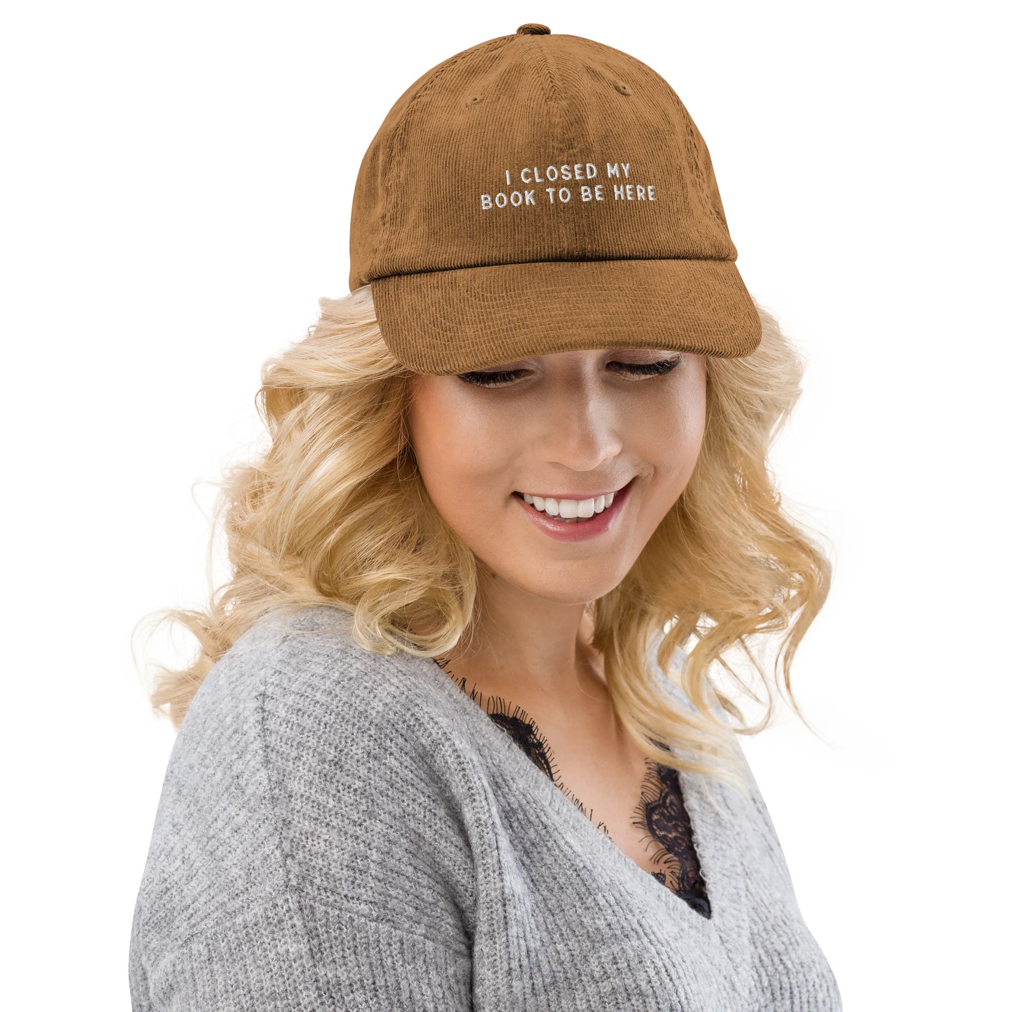 I Closed My Book To Be Here Embroidered Corduroy Cap - Image 2