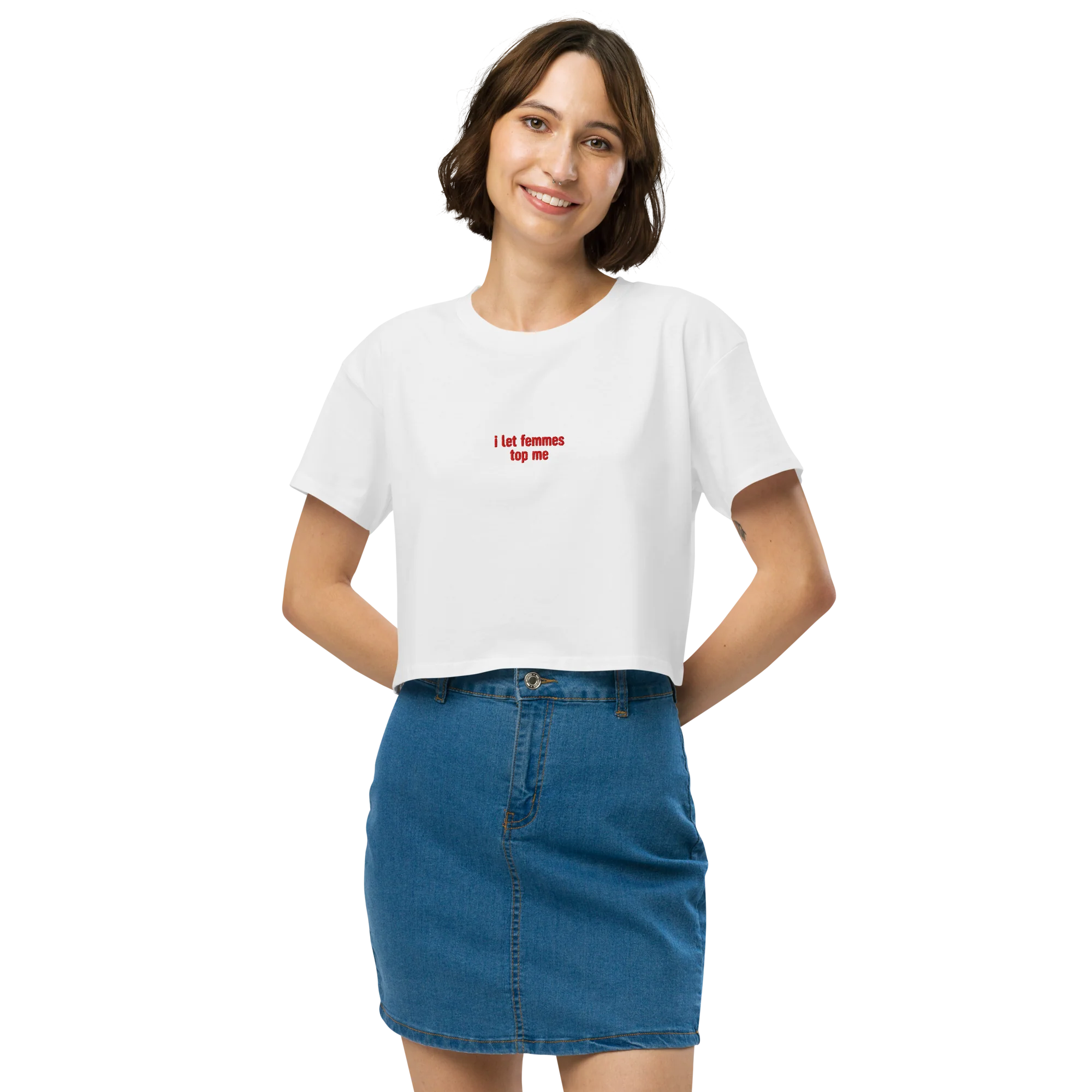 I Let Femmes Top Me Embroidered Crop Tee - Image 2