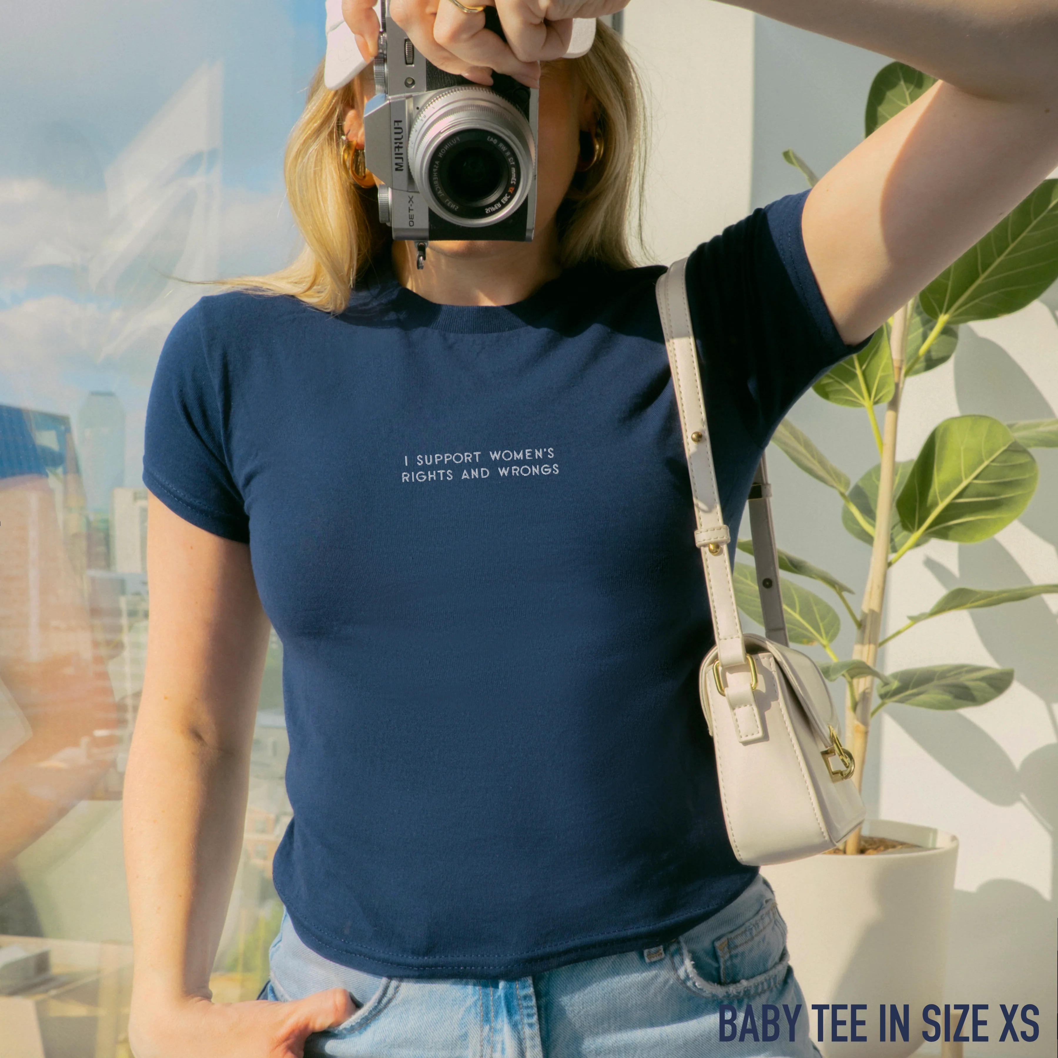 I Support Women's Rights and Wrongs Feminist Embroidered Baby Tee - Image 2