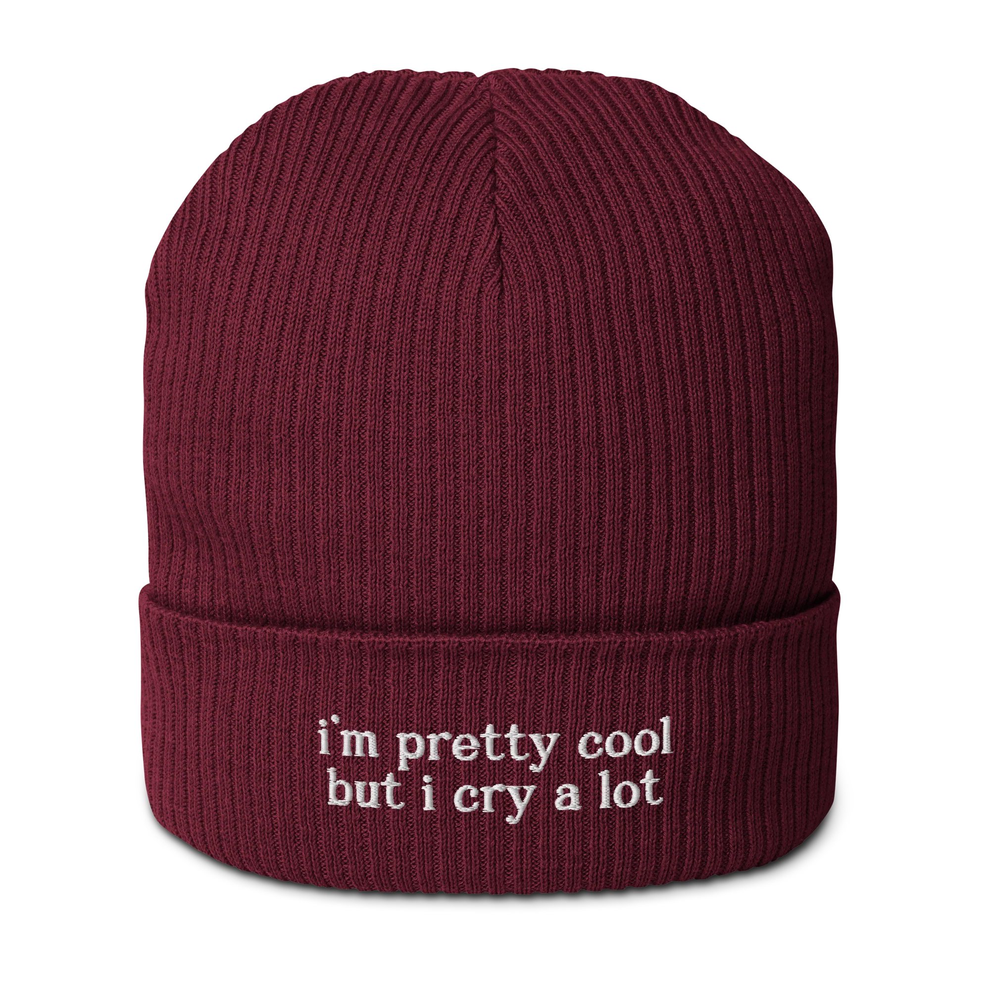 I'm Pretty Cool But I Cry a Lot Embroidered Organic Ribbed Beanie - Image 7