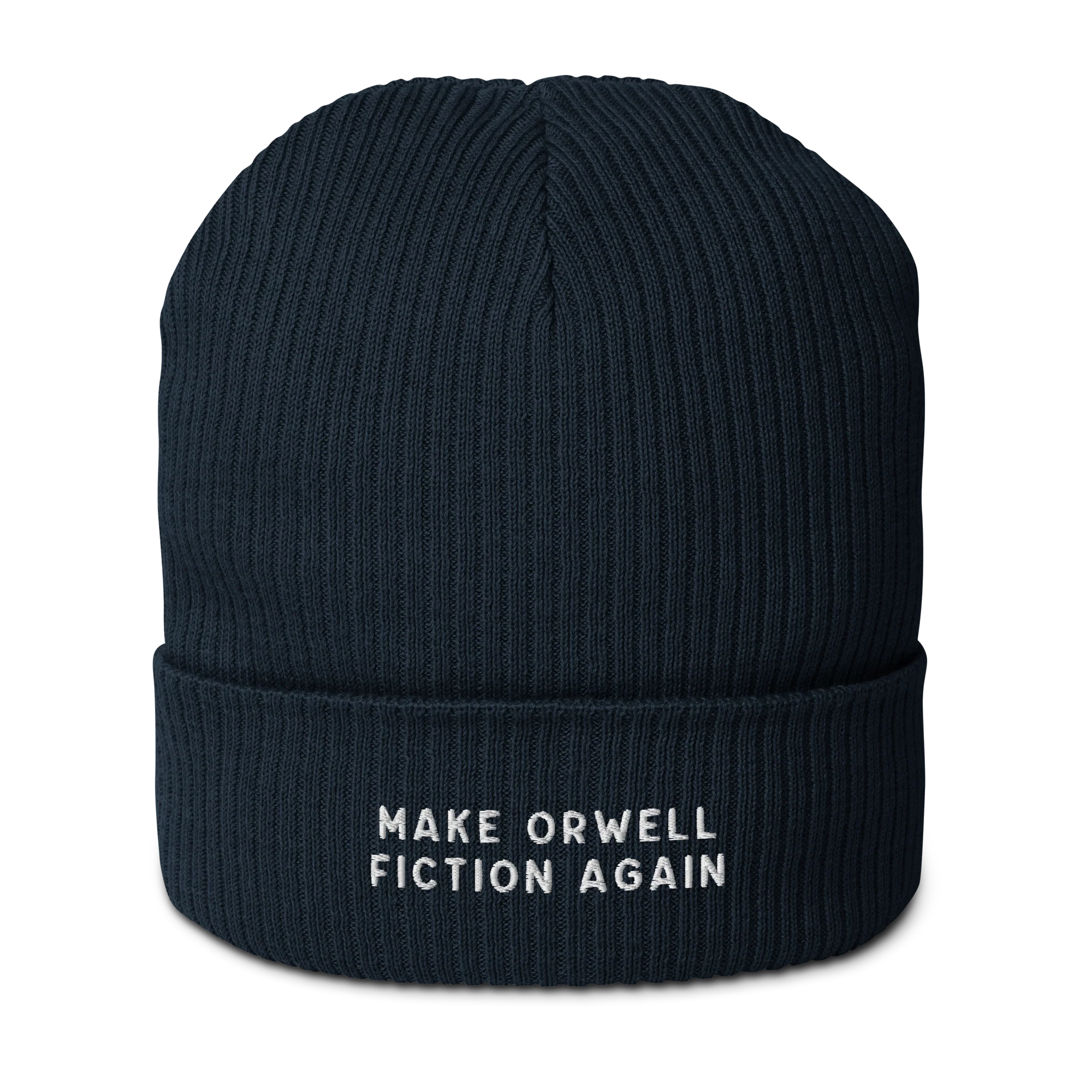 Make Orwell Fiction Again Embroidered Organic Ribbed Beanie - Image 4
