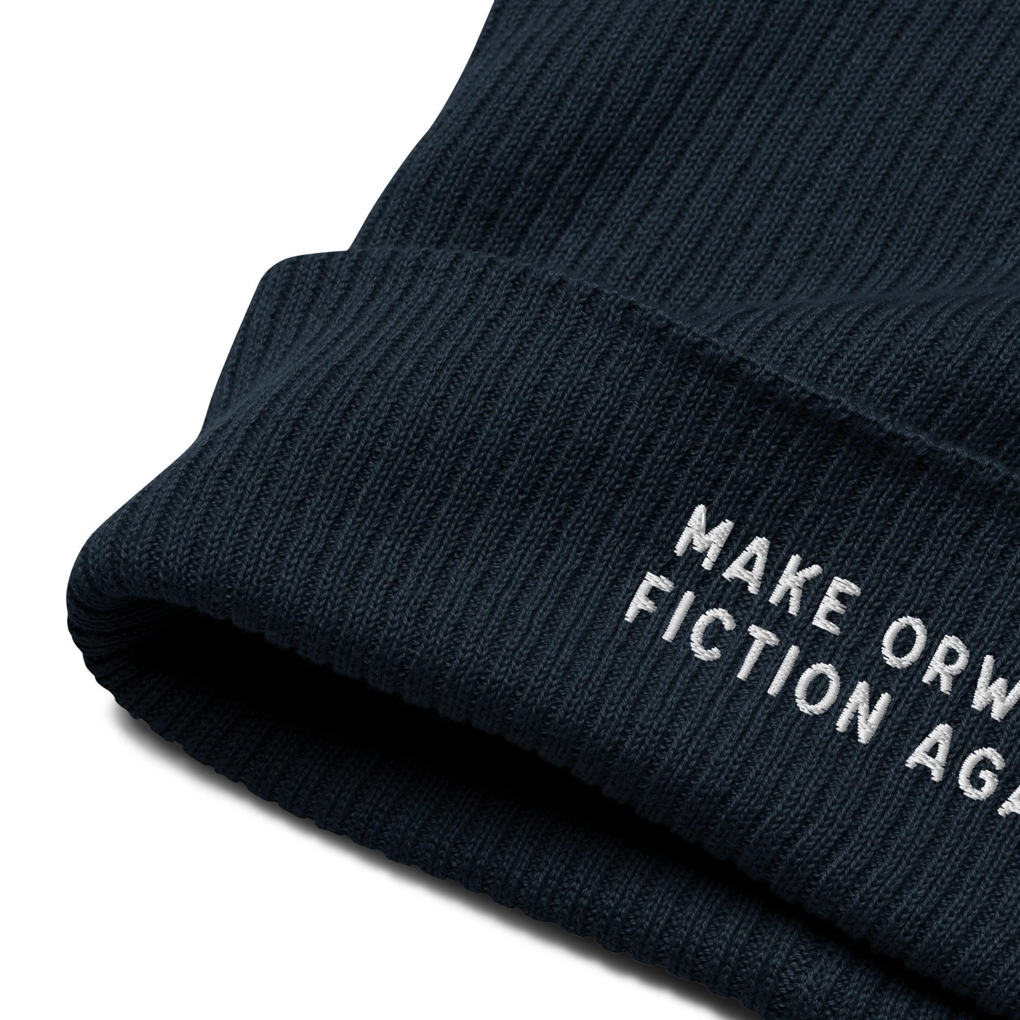 Make Orwell Fiction Again Embroidered Organic Ribbed Beanie - Image 5