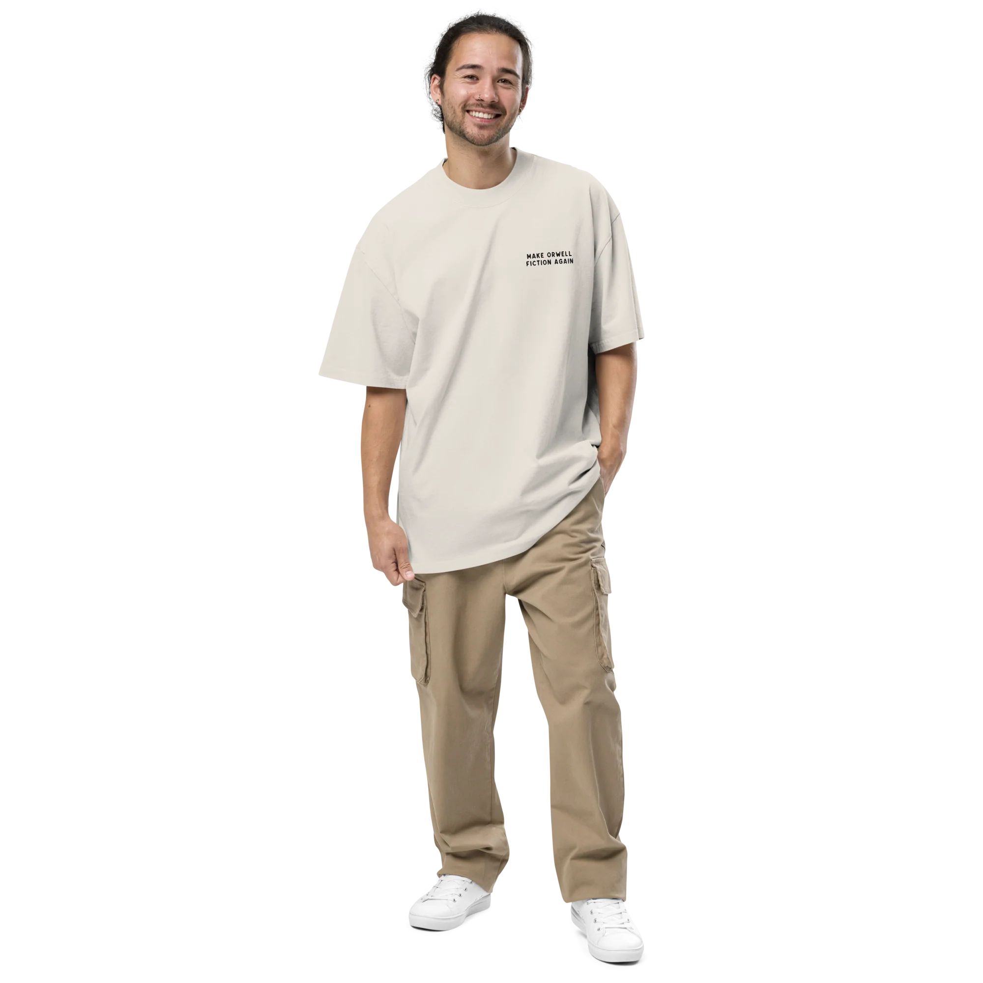 Make Orwell Fiction Again Embroidered Oversized Faded T-Shirt - Image 2