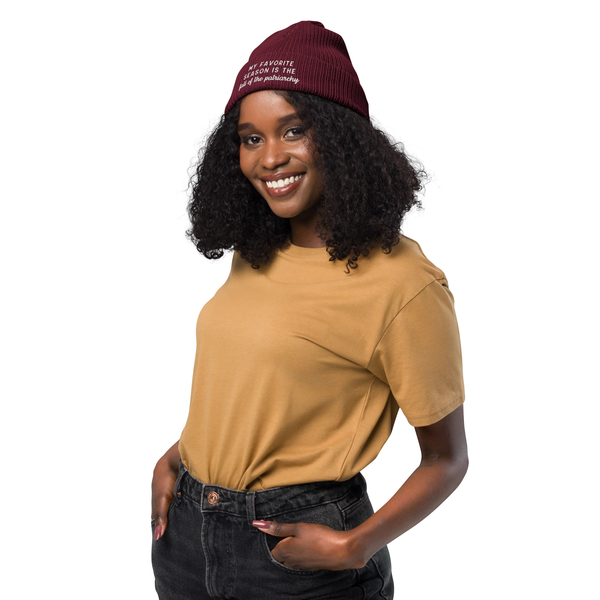 My Favorite Season Fall Of The Patriarchy Embroidered Organic Ribbed Beanie - Image 2
