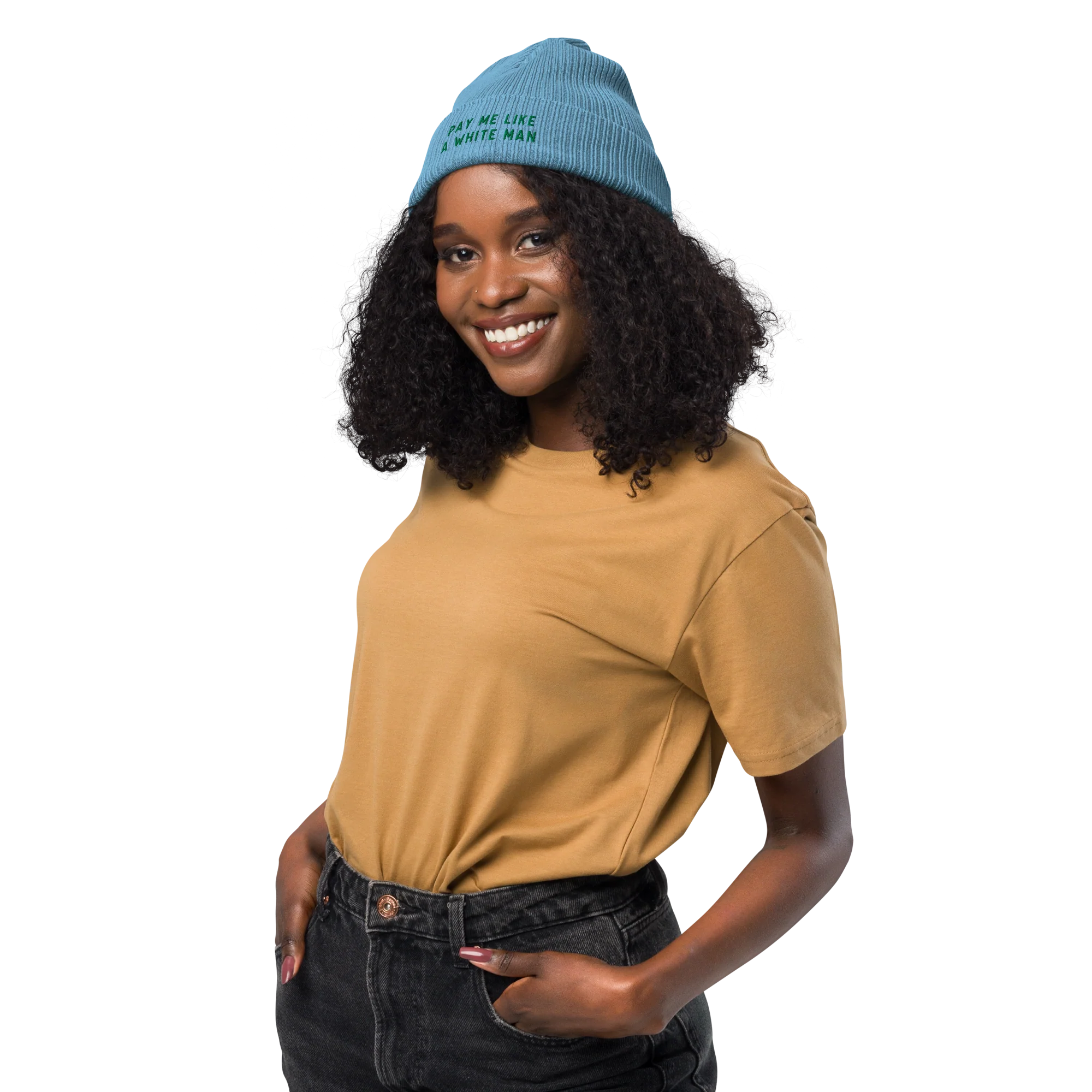 Pay Me Like a White Man Embroidered Organic Ribbed Beanie - Image 2