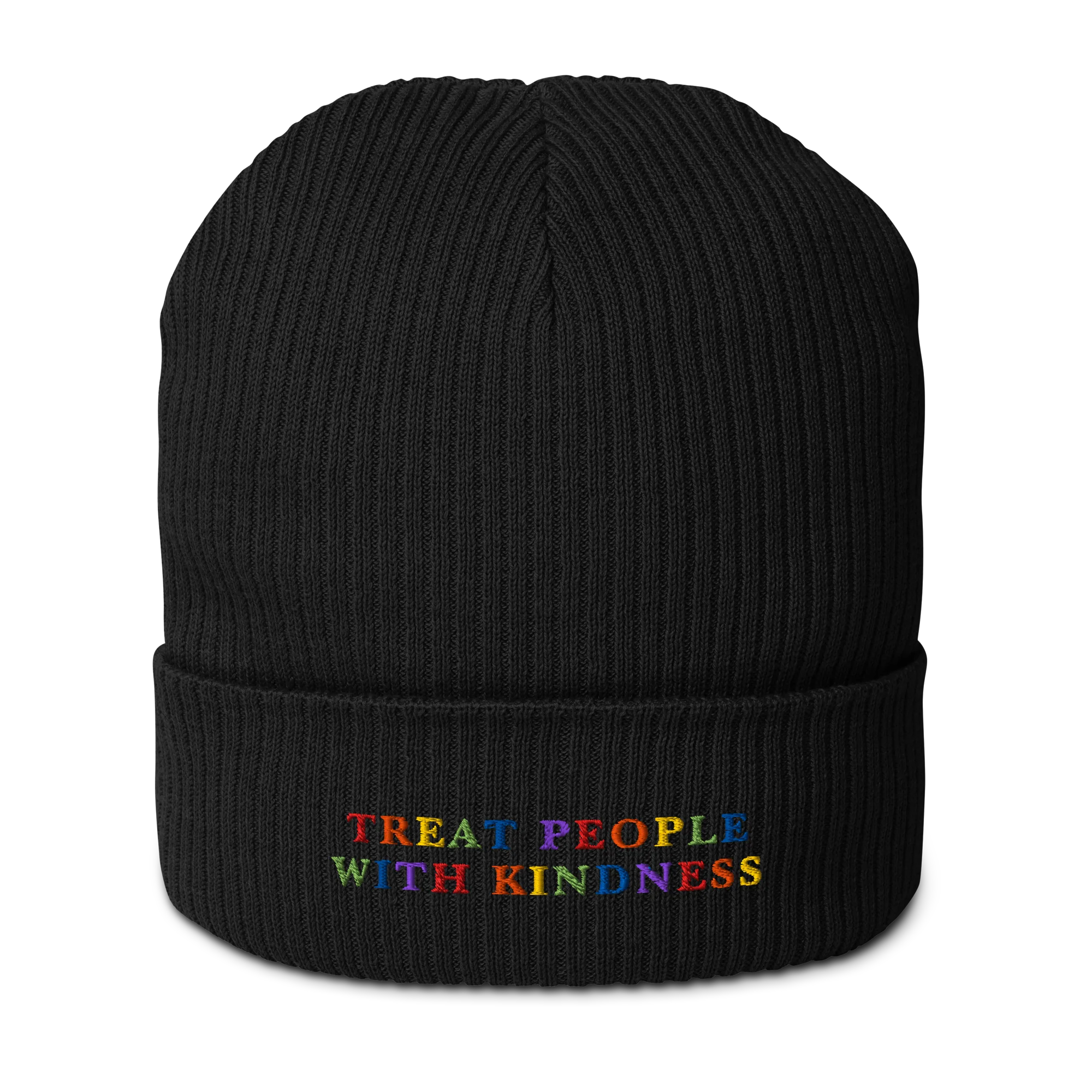 Treat People With Kindness Rainbow Embroidered Organic Ribbed Beanie