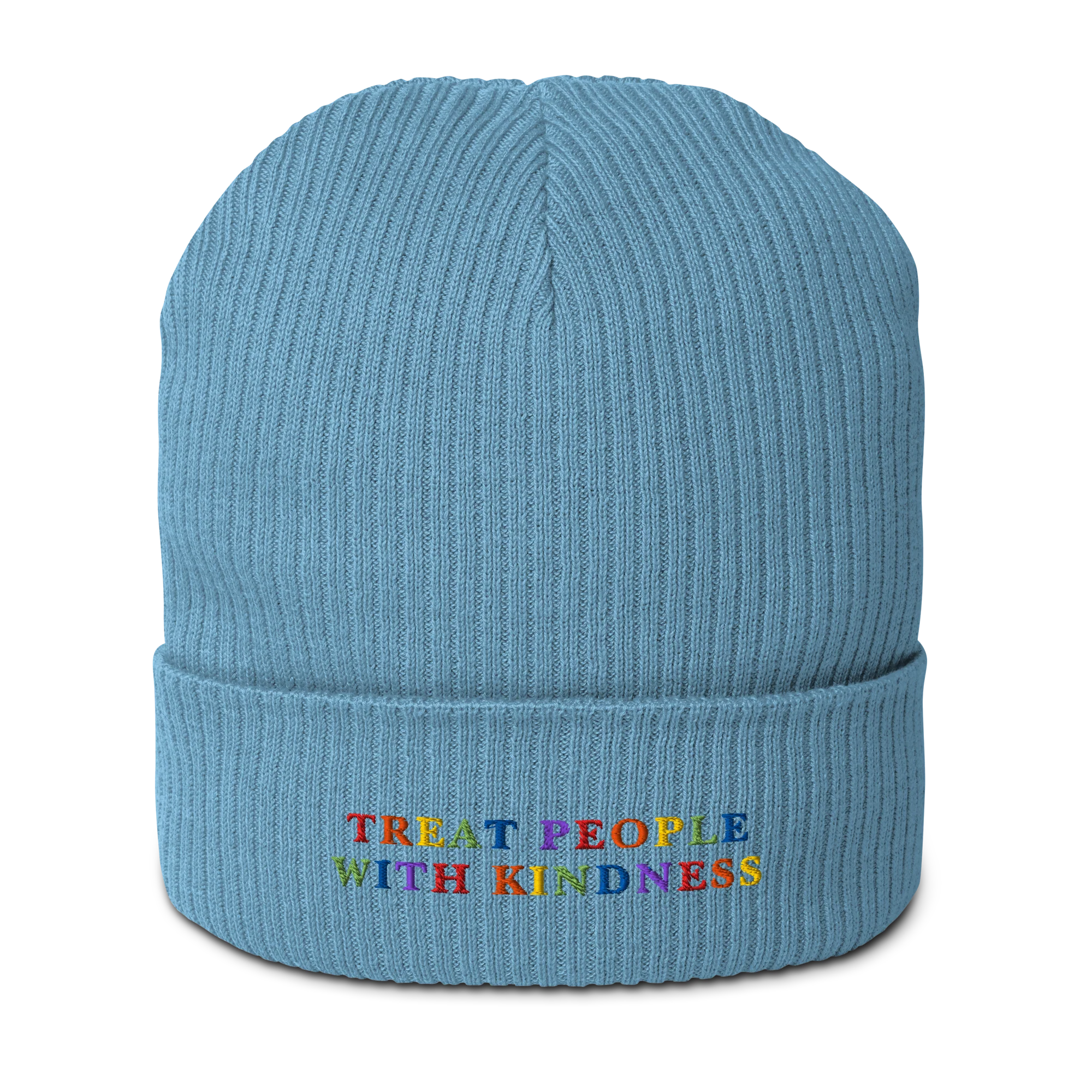 Treat People With Kindness Rainbow Embroidered Organic Ribbed Beanie - Image 3