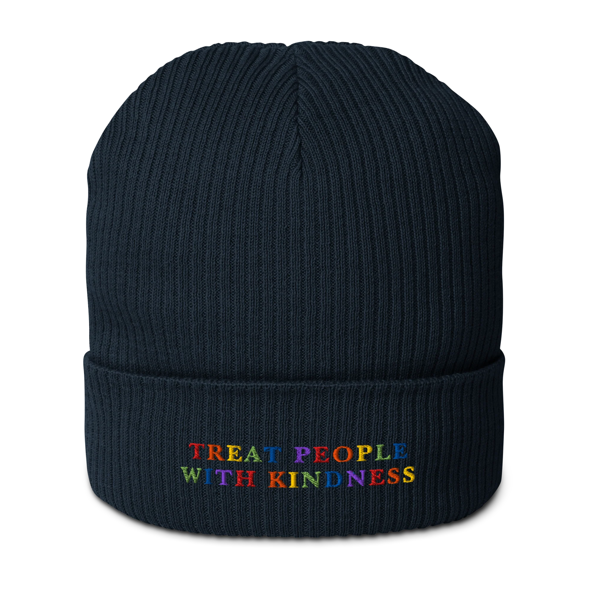 Treat People With Kindness Rainbow Embroidered Organic Ribbed Beanie - Image 4
