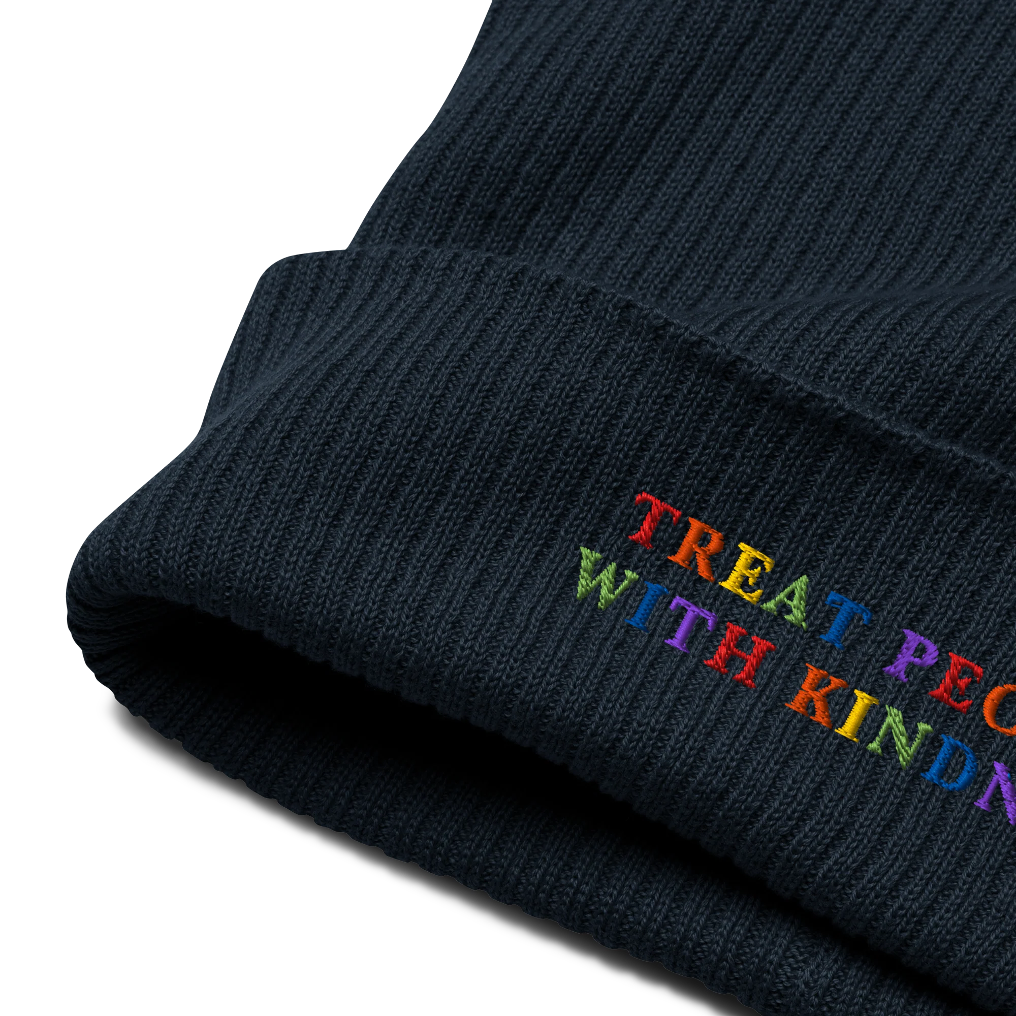 Treat People With Kindness Rainbow Embroidered Organic Ribbed Beanie - Image 5