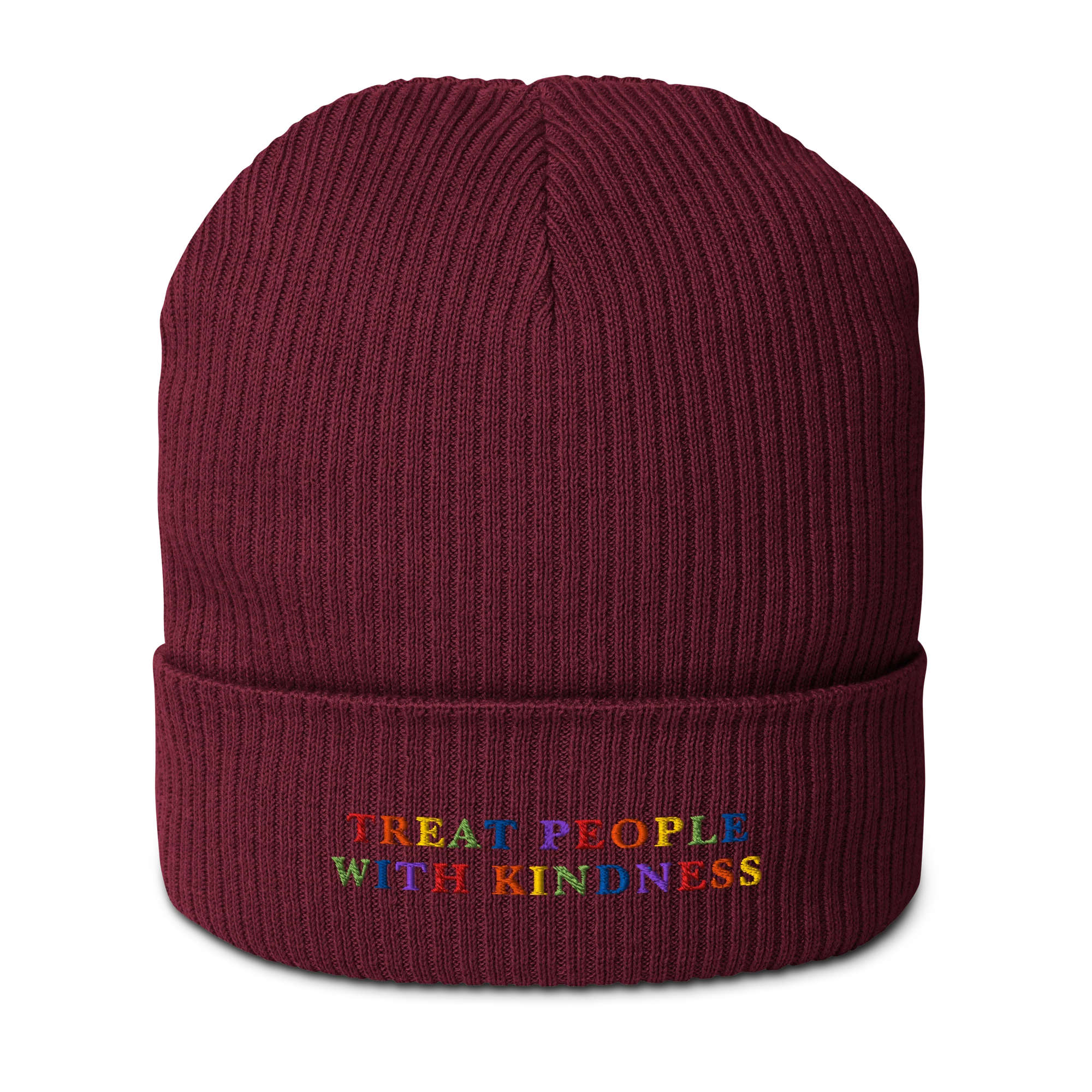 Treat People With Kindness Rainbow Embroidered Organic Ribbed Beanie - Image 7