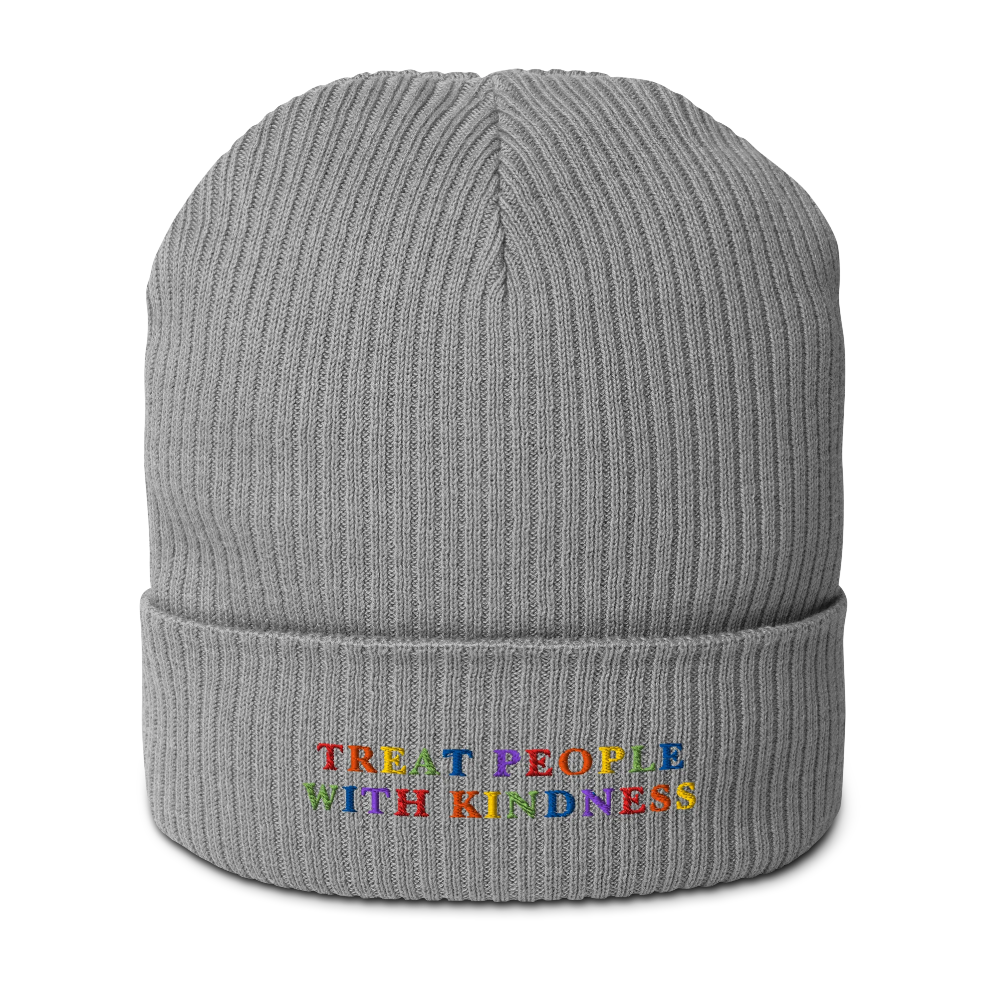Treat People With Kindness Rainbow Embroidered Organic Ribbed Beanie - Image 9