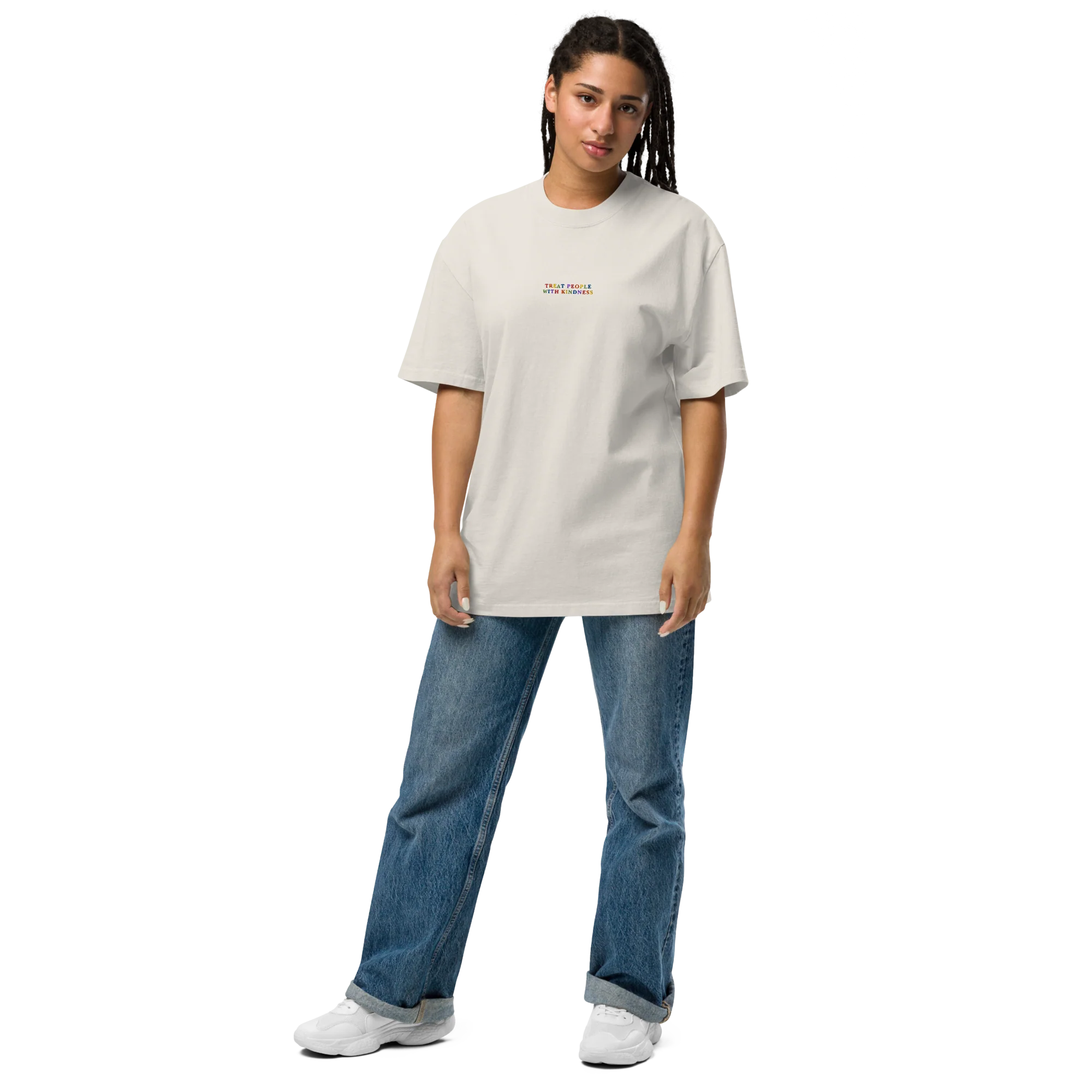Treat People With Kindness Rainbow Embroidered Oversized Faded T-Shirt - Image 2